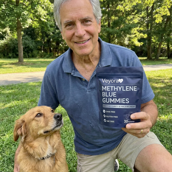 Edward U. holding product with dog